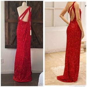 Wedding dress RED FULL SEQUIN LONG DRESS high slit strappy back one shoulder